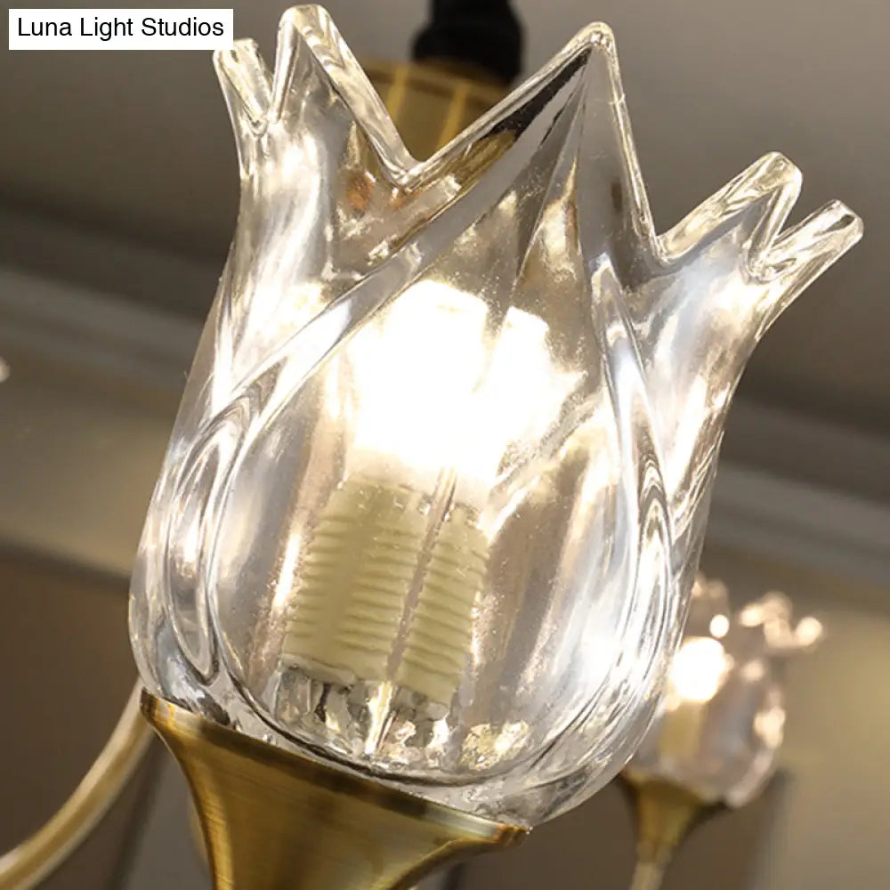 Postmodern Gold Flower Pendant Light With Clear Glass - 6 Heads Dining Room Chandelier Fixture