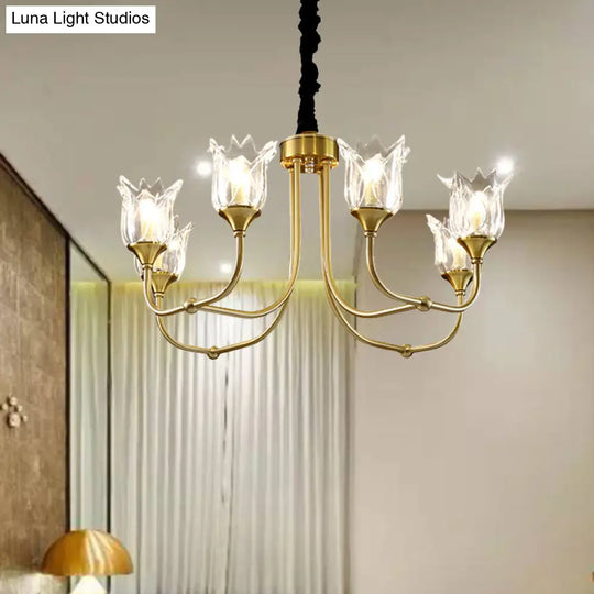 Postmodern Gold Flower Pendant Light With Clear Glass - 6 Heads Dining Room Chandelier Fixture