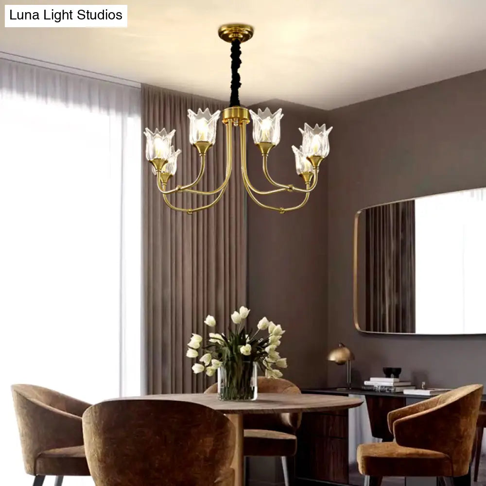 Postmodern Gold Flower Pendant Light With Clear Glass - 6 Heads Dining Room Chandelier Fixture