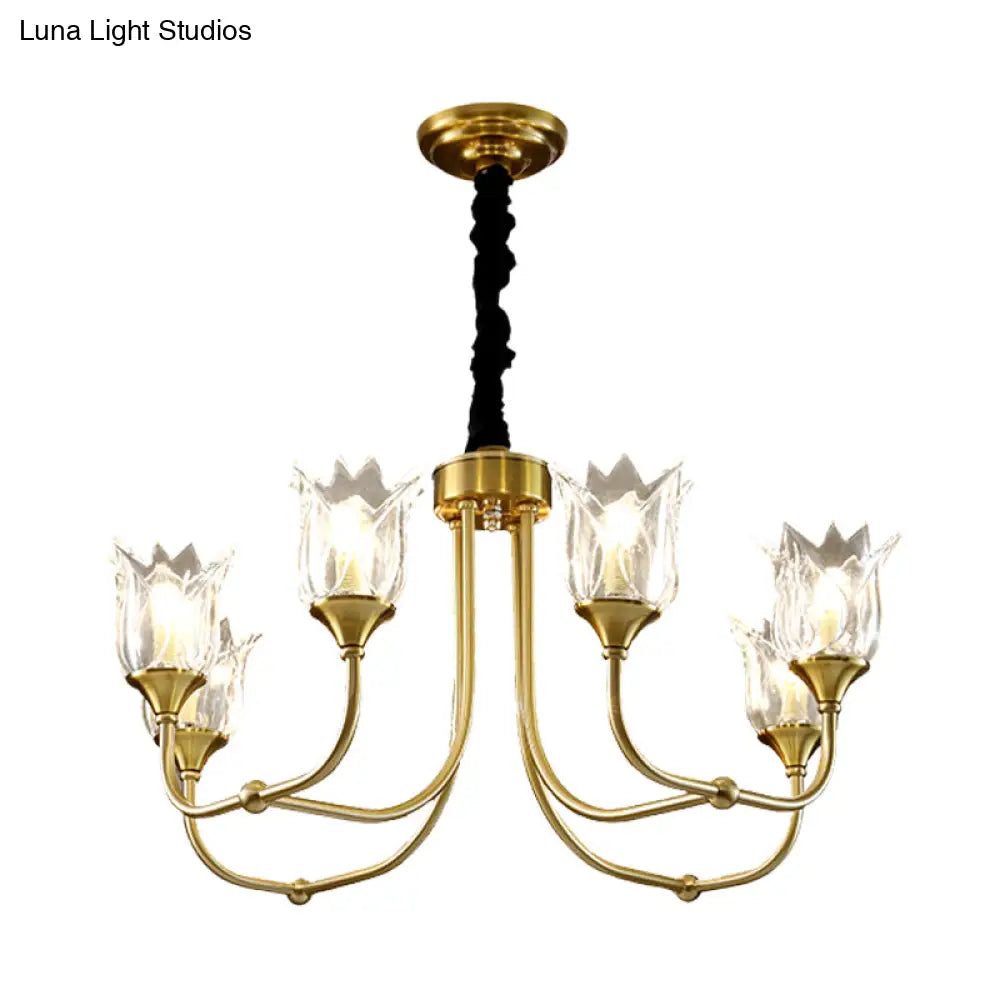 Postmodern Gold Flower Pendant Light With Clear Glass - 6 Heads Dining Room Chandelier Fixture