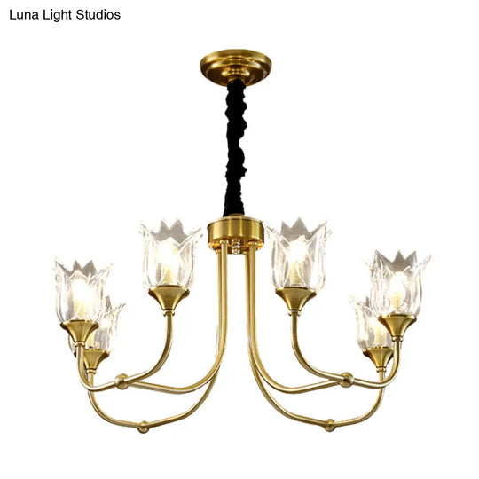 Postmodern Gold Flower Pendant Light With Clear Glass - 6 Heads Dining Room Chandelier Fixture