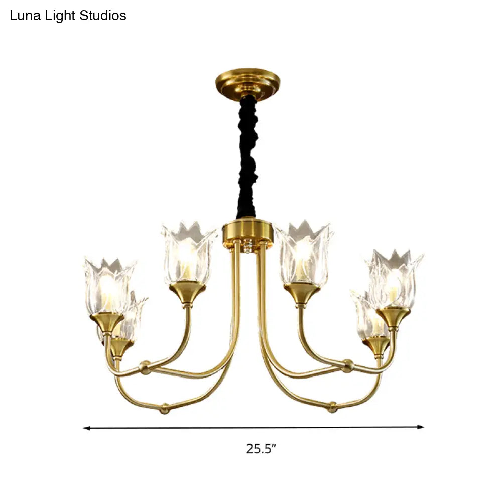 Postmodern Gold Flower Pendant Light With Clear Glass - 6 Heads Dining Room Chandelier Fixture