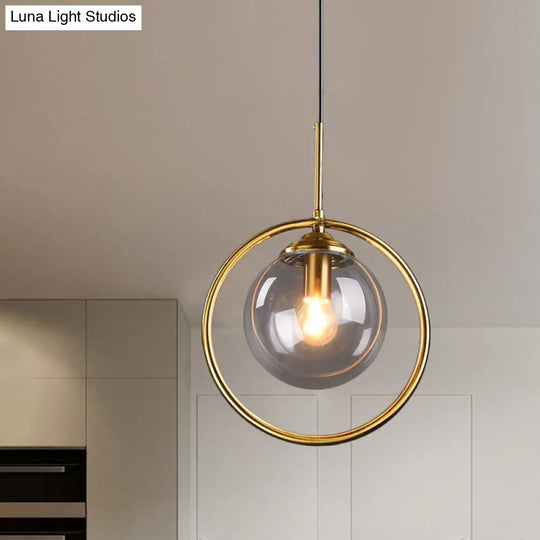 Postmodern Gold Globe Pendant Lamp With Smoke Gray/Clear Glass For Bedroom Lighting