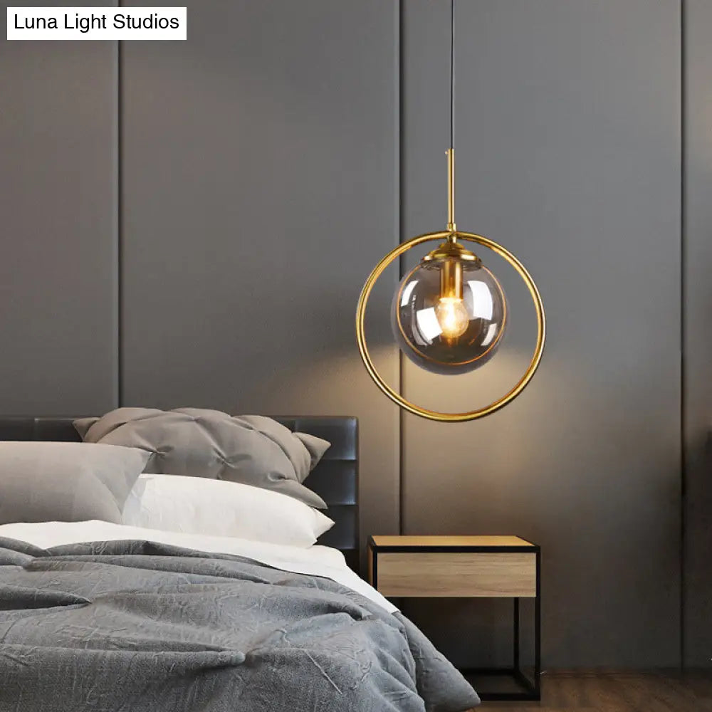 Postmodern Gold Globe Pendant Lamp With Smoke Gray/Clear Glass For Bedroom Lighting