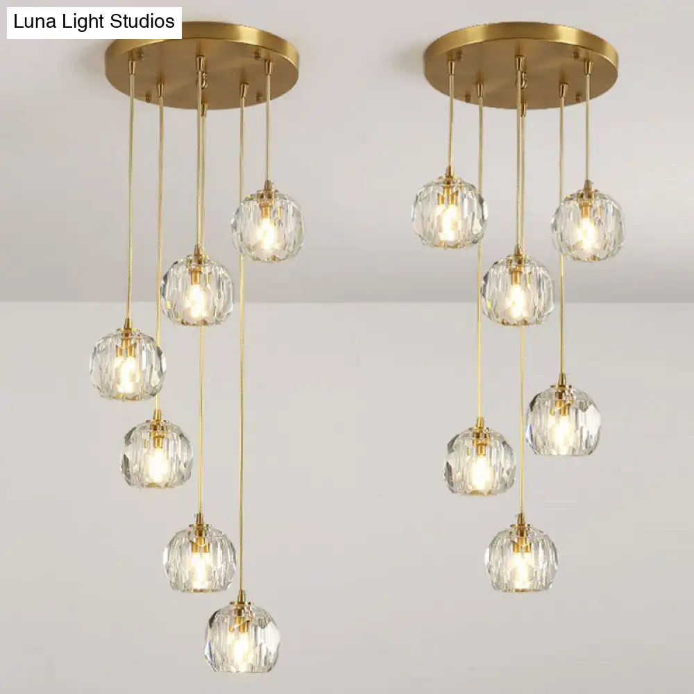 Postmodern Gold K9 Crystal Cluster Pendant Light - Elegant Hanging Lamp For Stairway