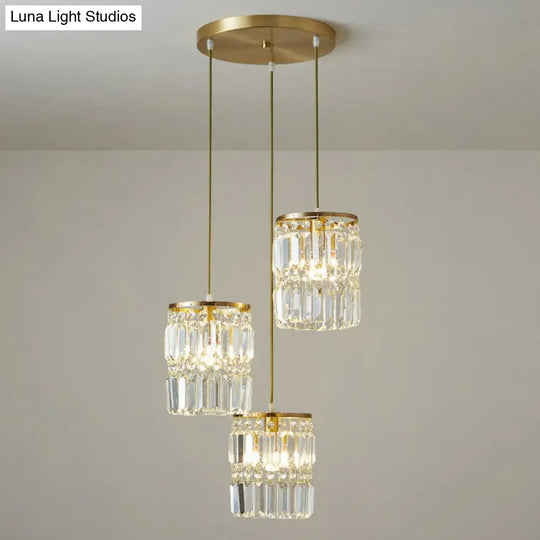 Postmodern 3-Head Gold Hanging Lamp Kit With Cylinder Crystal Prisms / Round