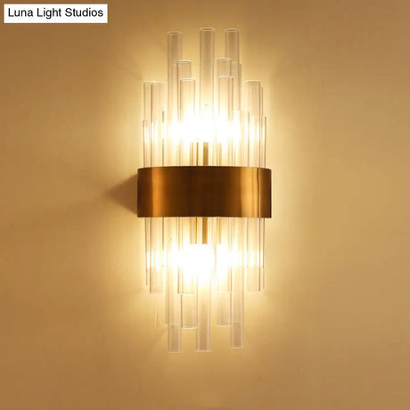 Postmodern Gold Wall Sconce With Fluted Crystal Shade - 2 Head Bedroom Mount Light