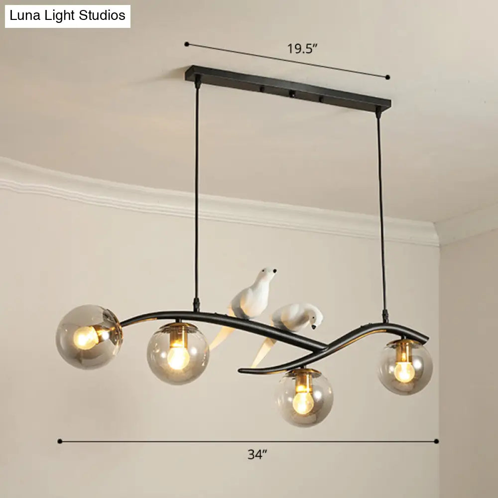 Postmodern Island Lamp Tree Branch Hanging Light With Glass Shades And Bird Deco 4-Bulb Design