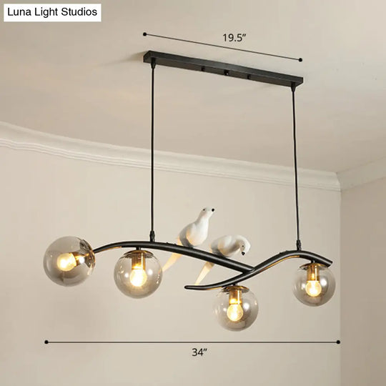 Postmodern Island Lamp Tree Branch Hanging Light With Glass Shades And Bird Deco 4-Bulb Design