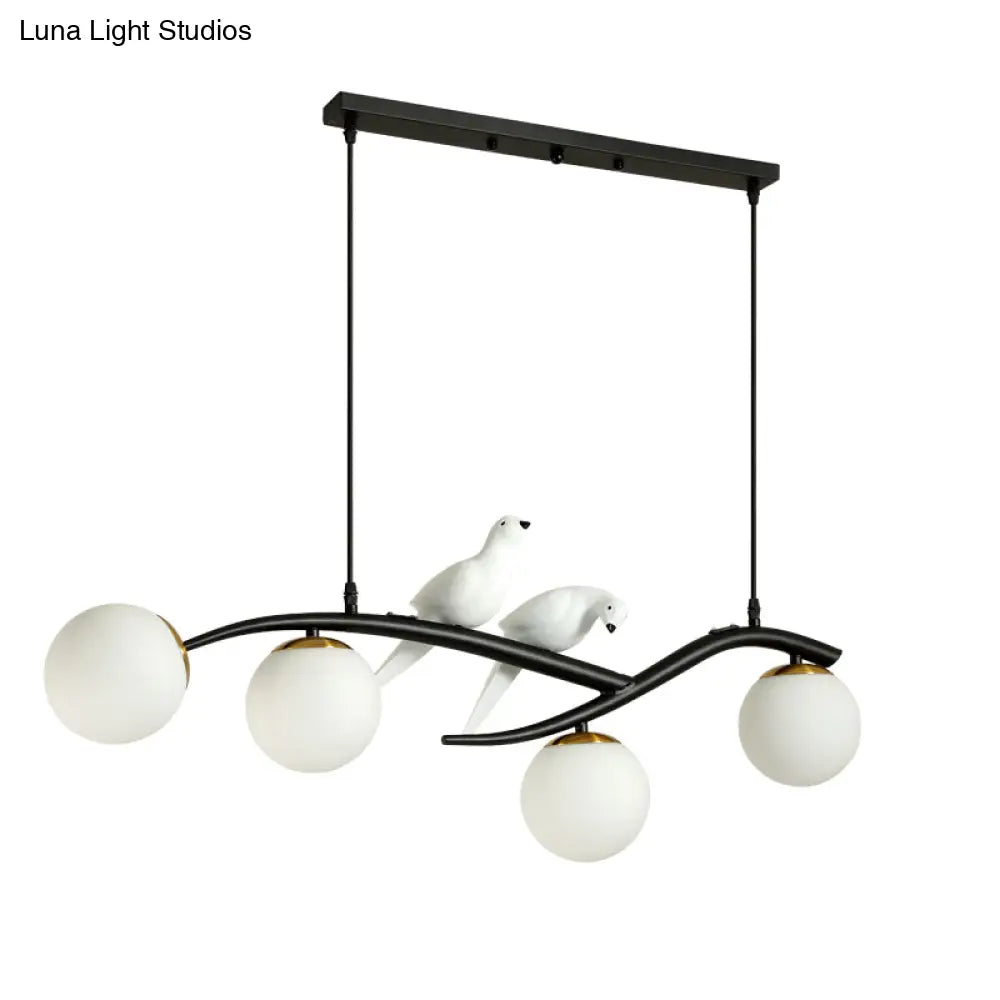 Postmodern Island Lamp Tree Branch Hanging Light With Glass Shades And Bird Deco 4-Bulb Design