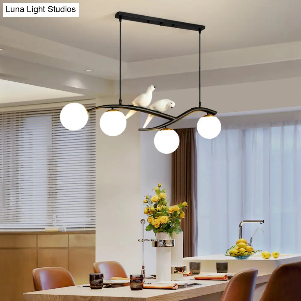 Postmodern Island Lamp Tree Branch Hanging Light With Glass Shades And Bird Deco 4-Bulb Design
