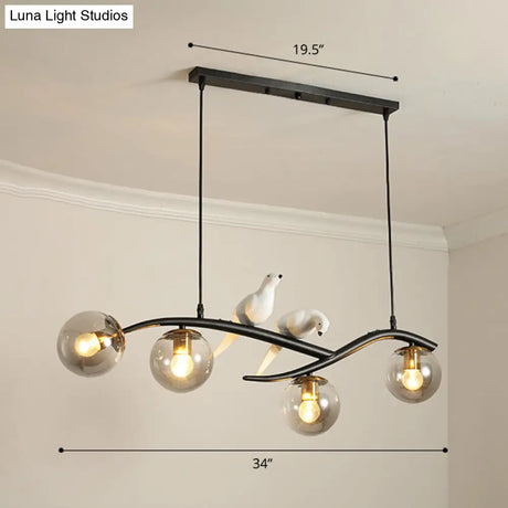 Postmodern Island Lamp Tree Branch Hanging Light With Glass Shades And Bird Deco 4-Bulb Design