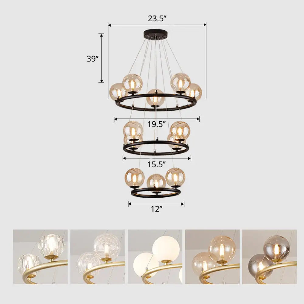 Postmodern Metal Chandelier With Ball Glass Shade 12 / Black