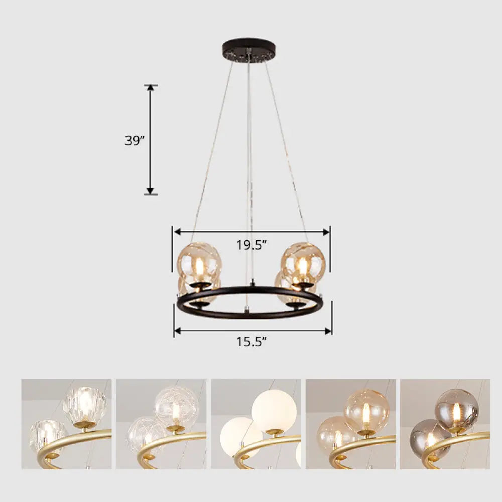 Postmodern Metal Chandelier With Ball Glass Shade 4 / Black