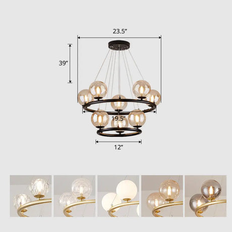 Postmodern Metal Chandelier With Ball Glass Shade 8 / Black