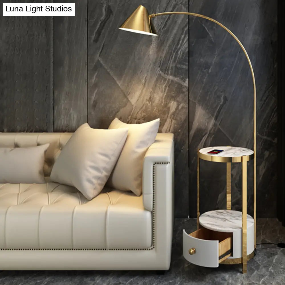 Postmodern Metal Fishing Rod Floor Lamp With Swivel Cone Shade And Marble Tray Cabinet