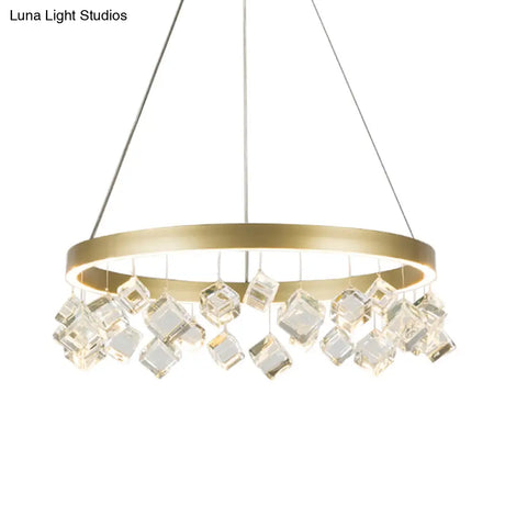 Postmodern Metal Gold Pendant Light With Led Warm/White & Crystal Drop