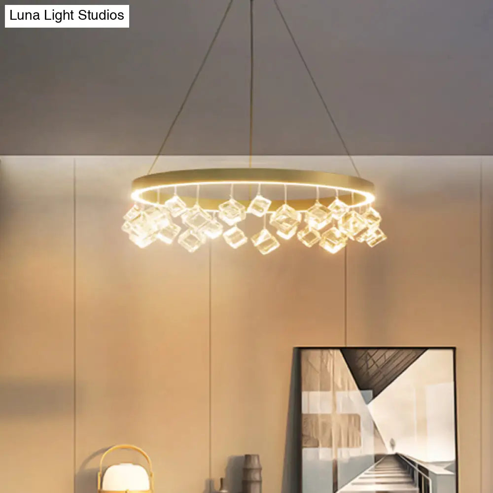 Postmodern Metal Gold Pendant Light With Led Warm/White & Crystal Drop