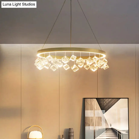 Postmodern Metal Gold Pendant Light With Led Warm/White & Crystal Drop
