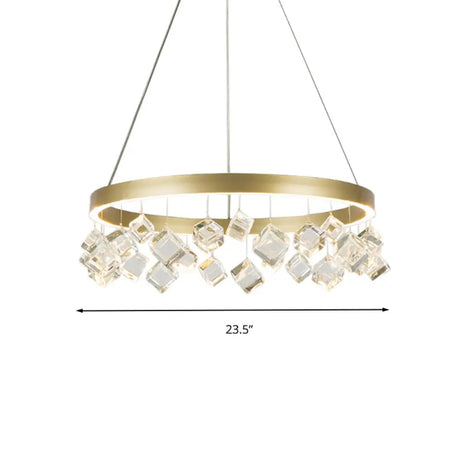 Postmodern Metal Gold Pendant Light With Led Warm/White & Crystal Drop
