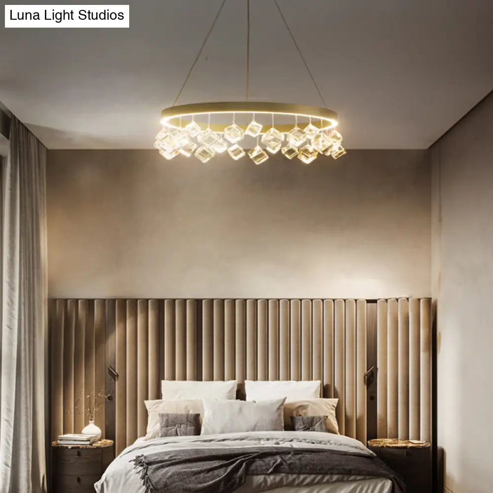 Postmodern Metal Gold Pendant Light With Led Warm/White & Crystal Drop