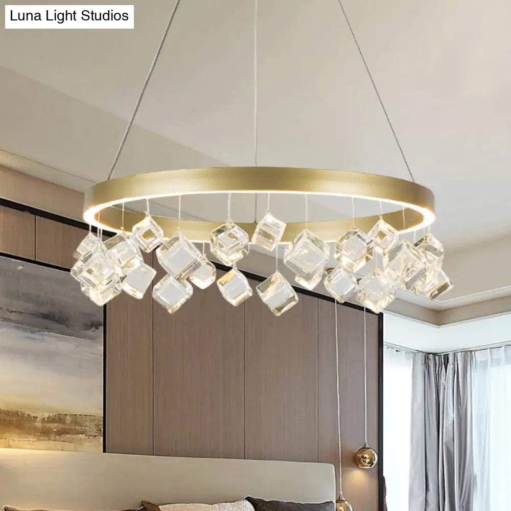 Postmodern Metal Gold Pendant Light With Led Warm/White & Crystal Drop
