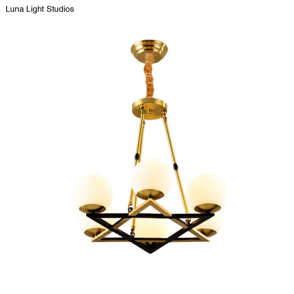 Postmodern Polygon Metal Chandelier 6/8 Heads - Brass Hanging Ceiling Light With White Globe Glass