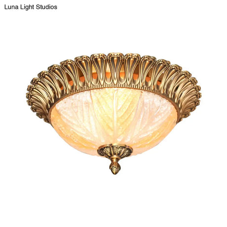 Postmodern Ridged Crystal Flush Mount Brass Ceiling Lamp For Bedroom - 3 Heads