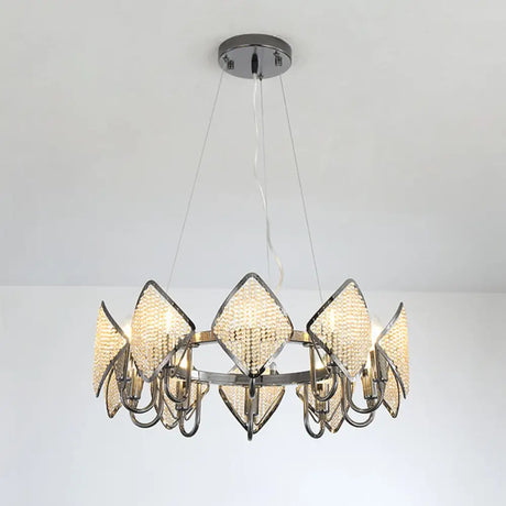 Postmodern Ring Ceiling Chandelier With Rhombus Crystal Shade - Elegant Metal Living Room Light