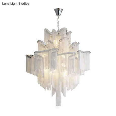 Postmodern Silver Chandelier Light Fixture For Living Room With Aluminum Tiered Chain Ceiling