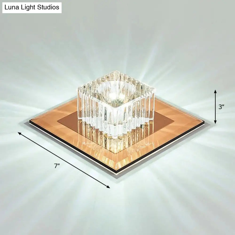 Prismatic Crystal Led Flush Mount Fixture For Square Corridors Tan / White
