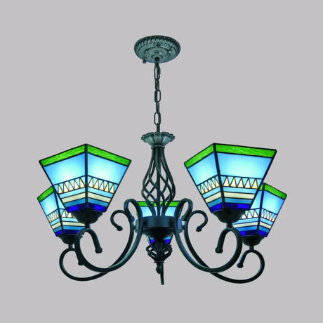 Pyramid Stained Art Glass Chandelier - Antique Style Ceiling Lighting For Restaurants 5 / Blue