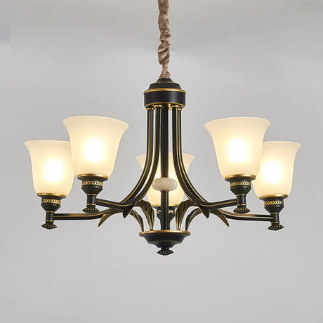 Radial Ceiling Chandelier - Black & Gold With Traditional Cream Glass 3/5/6 Heads Living Room