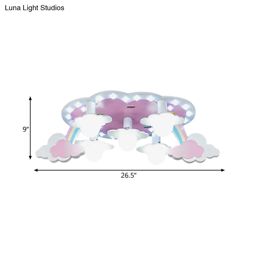 Rainbow Girl’s Wood Ceiling Lamp: Pink 5 - Light Cartoon Flush Mount With Open Bulb Design