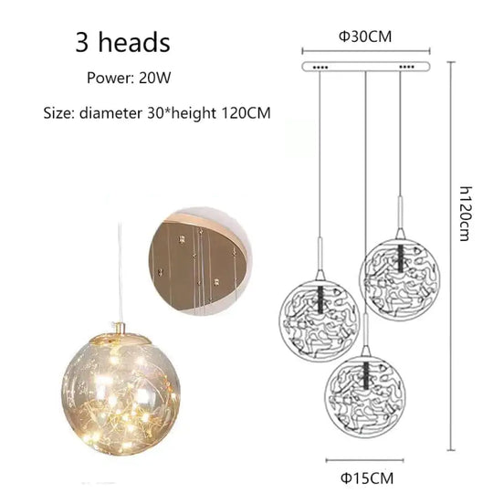 Raloo - Modern Led Glass Ball Chandelier 3 Heads / Transparent Glass Cold White Pendant Lighting