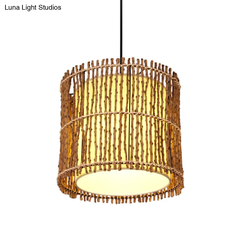 Rattan Cylinder Ceiling Light With Khaki Shade - Asian Pendant Lighting Fixture
