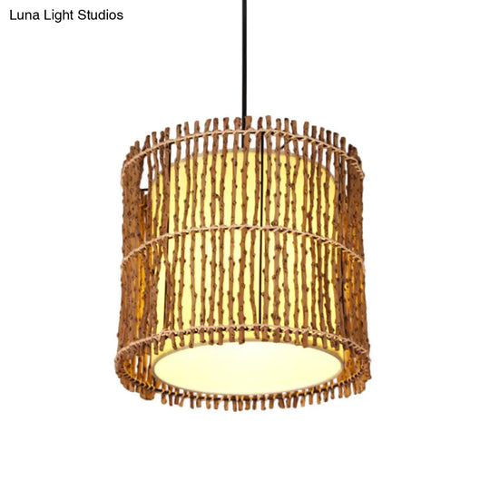 Rattan Cylinder Ceiling Light With Khaki Shade - Asian Pendant Lighting Fixture