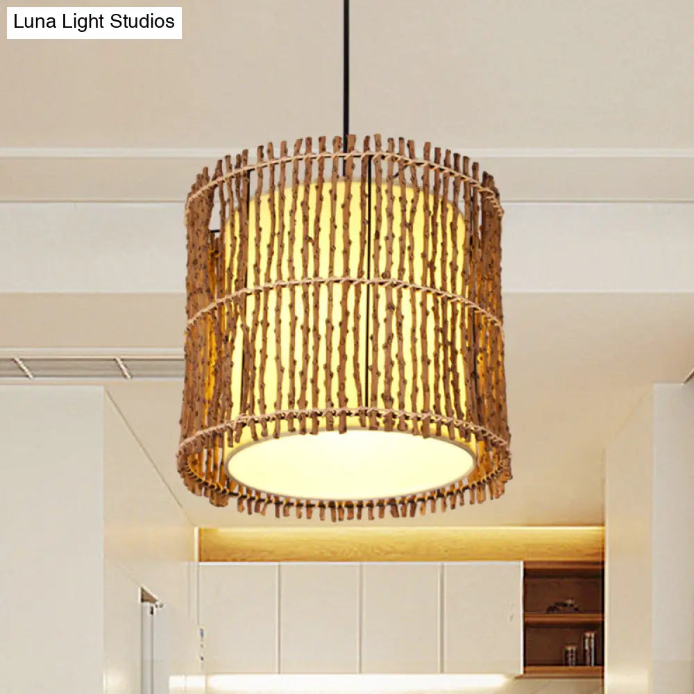 Rattan Cylinder Ceiling Light With Khaki Shade - Asian Pendant Lighting Fixture