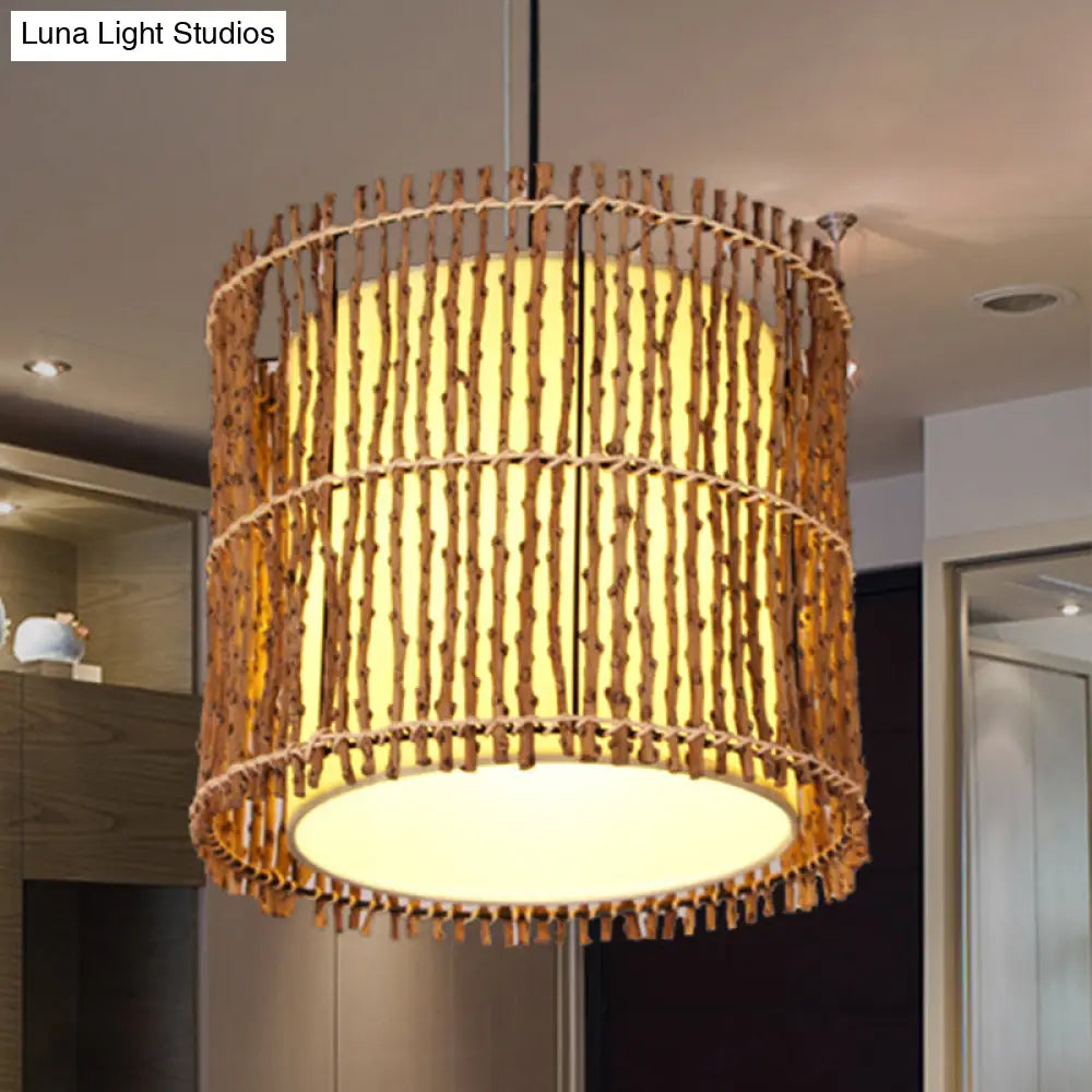 Rattan Cylinder Ceiling Light With Khaki Shade - Asian Pendant Lighting Fixture