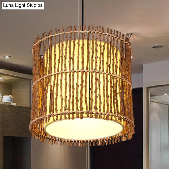 Rattan Cylinder Ceiling Light With Khaki Shade - Asian Pendant Lighting Fixture