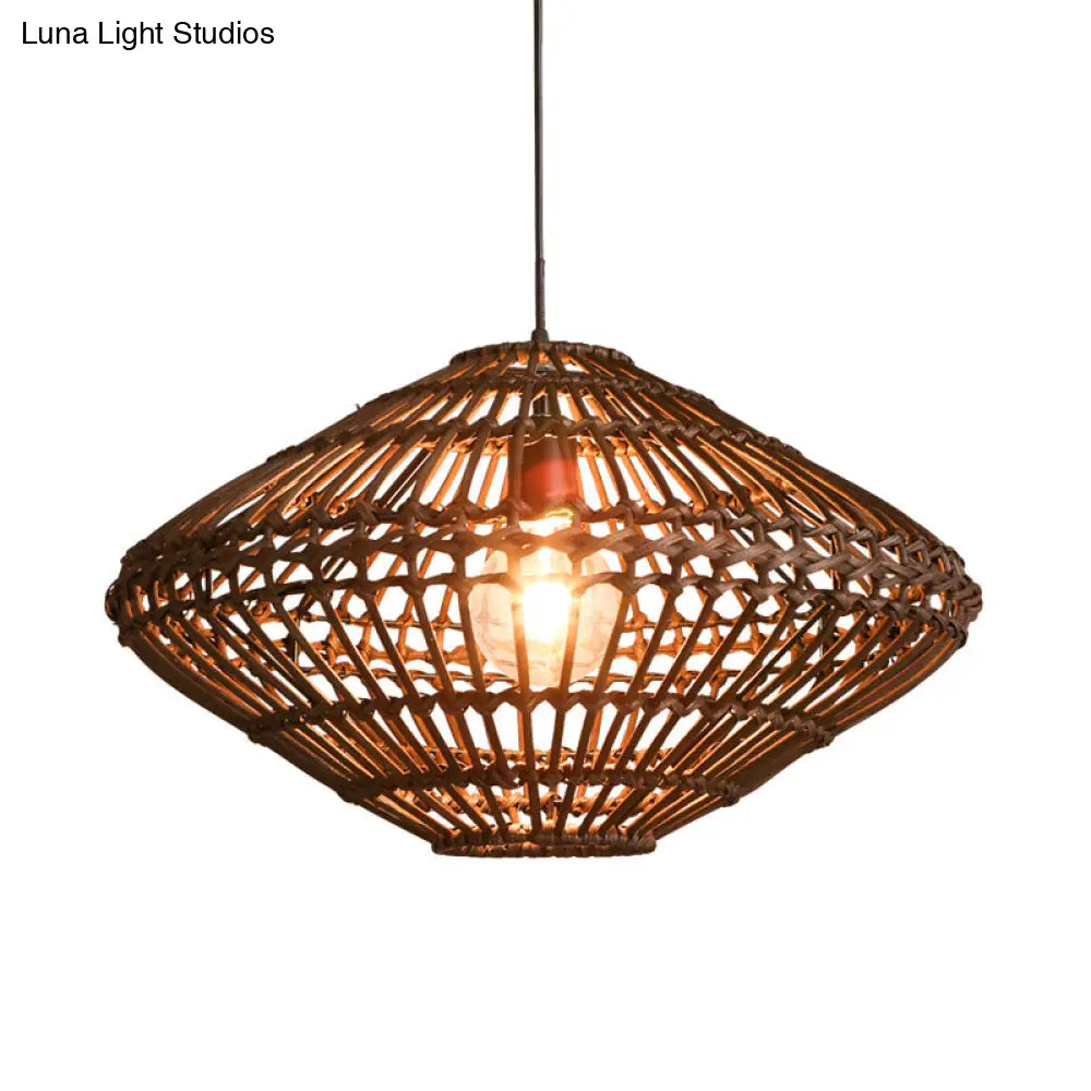 Rattan Disc Pendant Light - Asian Style Single Head Hanging Lamp In Brown
