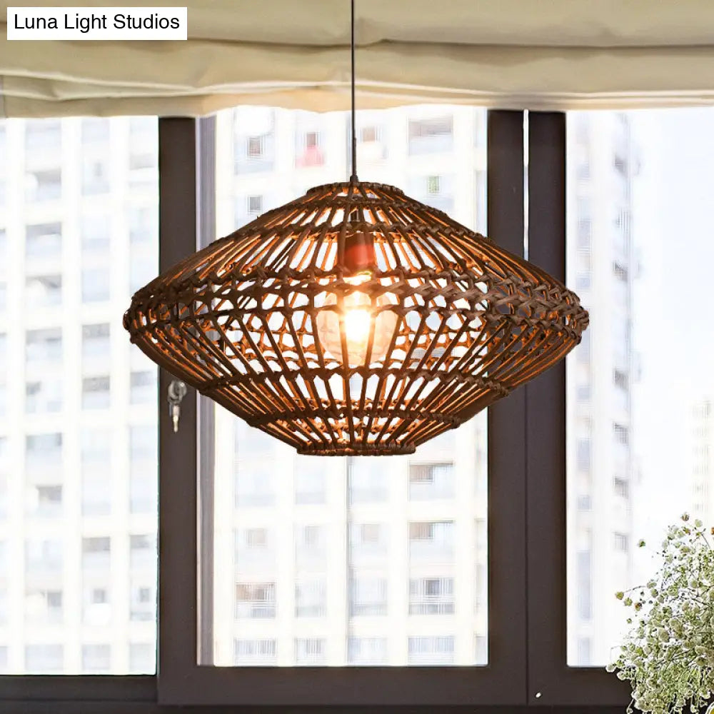 Rattan Disc Pendant Light - Asian Style Single Head Hanging Lamp In Brown