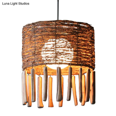 Rattan Drum Ceiling Lamp With Milky Globe Glass Shade
