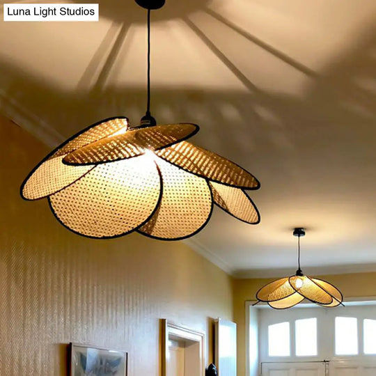 Rattan Hanging Lamp: Asian Style Wood Ceiling Light For Tea Room Flower-Inspired Design