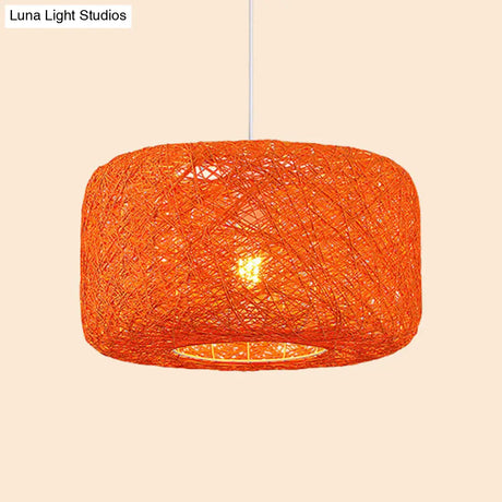 Rattan Weave Macaron Pendant Light: Red/Pink/Orange Drum Drop 1-Light Suspension For Bistro