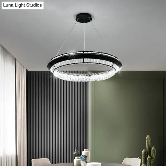 Rectangle-Cut Crystal Led Ring Chandelier In Contemporary Black