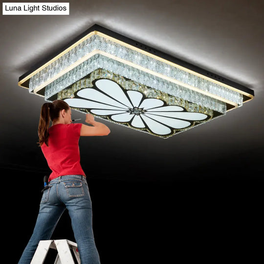 Rectangle Led Clear Crystal Flush Mount Ceiling Light For Modern Living Rooms