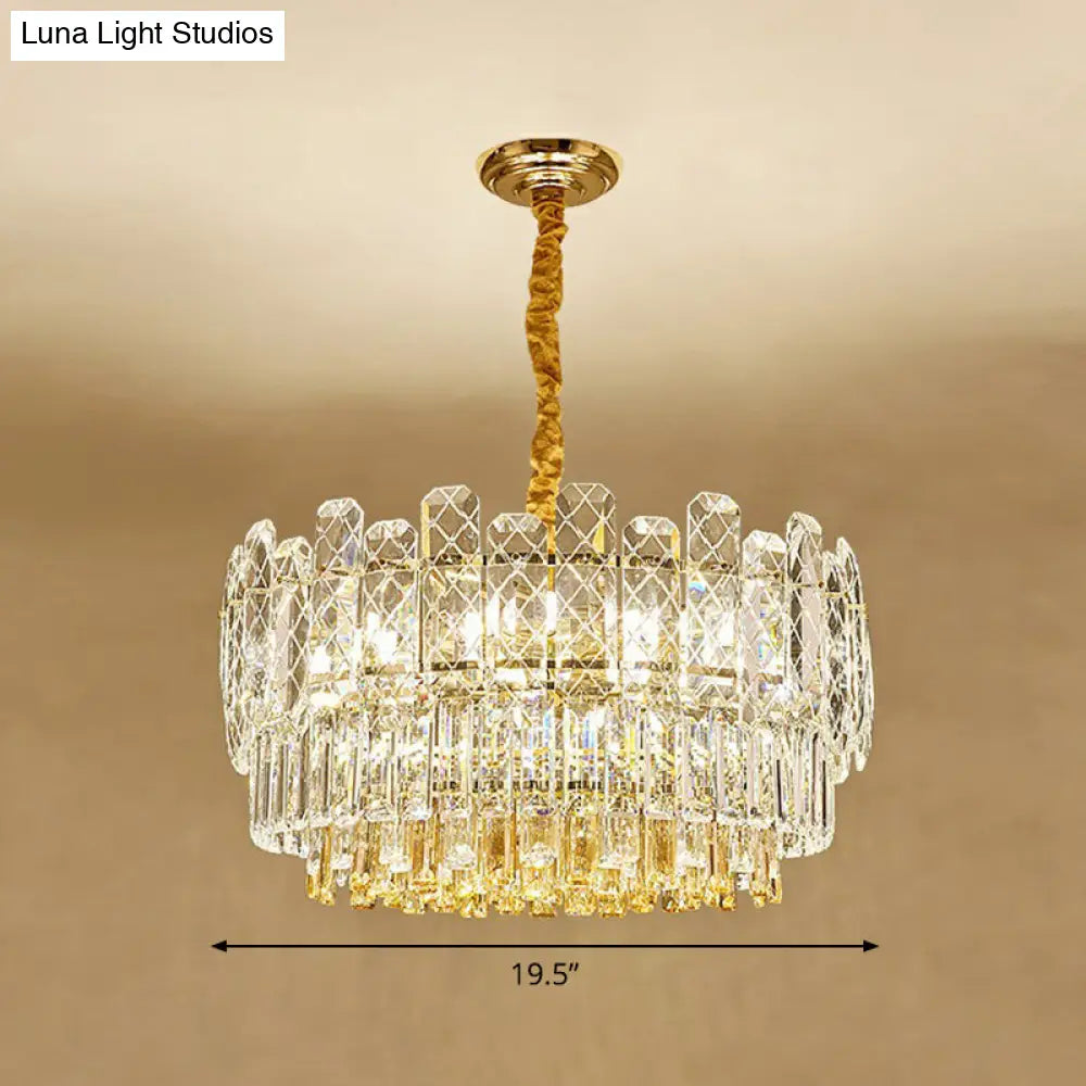 Rectangular Drum Crystal Chandelier With 9 Bulbs For Bedroom Ceiling Lighting In Clear And Simple
