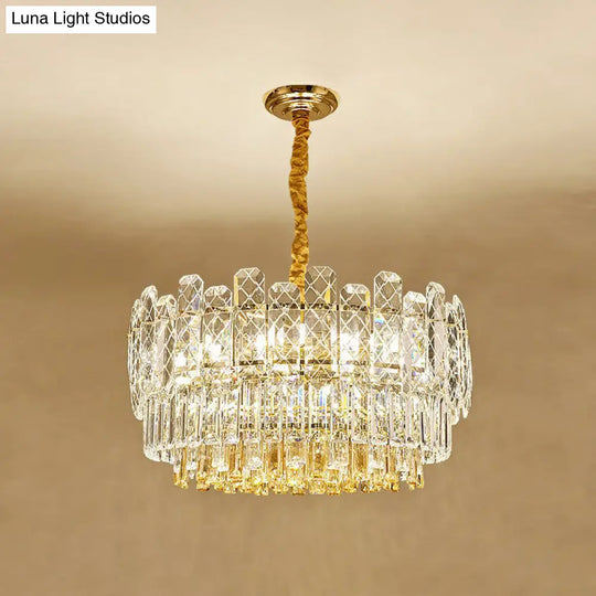Rectangular Drum Crystal Chandelier With 9 Bulbs For Bedroom Ceiling Lighting In Clear And Simple