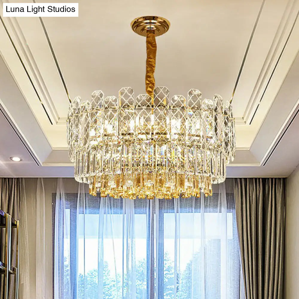 Rectangular-Cut Crystal Drum Chandelier: Elegant 9-Bulb Bedroom Ceiling Lighting Clear
